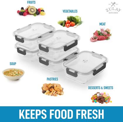 Zulay Kitchen 5 Pack Leak-Proof Glass Food Storage Containers - 36 oz Thick  & Durable Glass Meal Prep Containers - Airtight Easy to Clean Glass Storage  Containers with Lids 