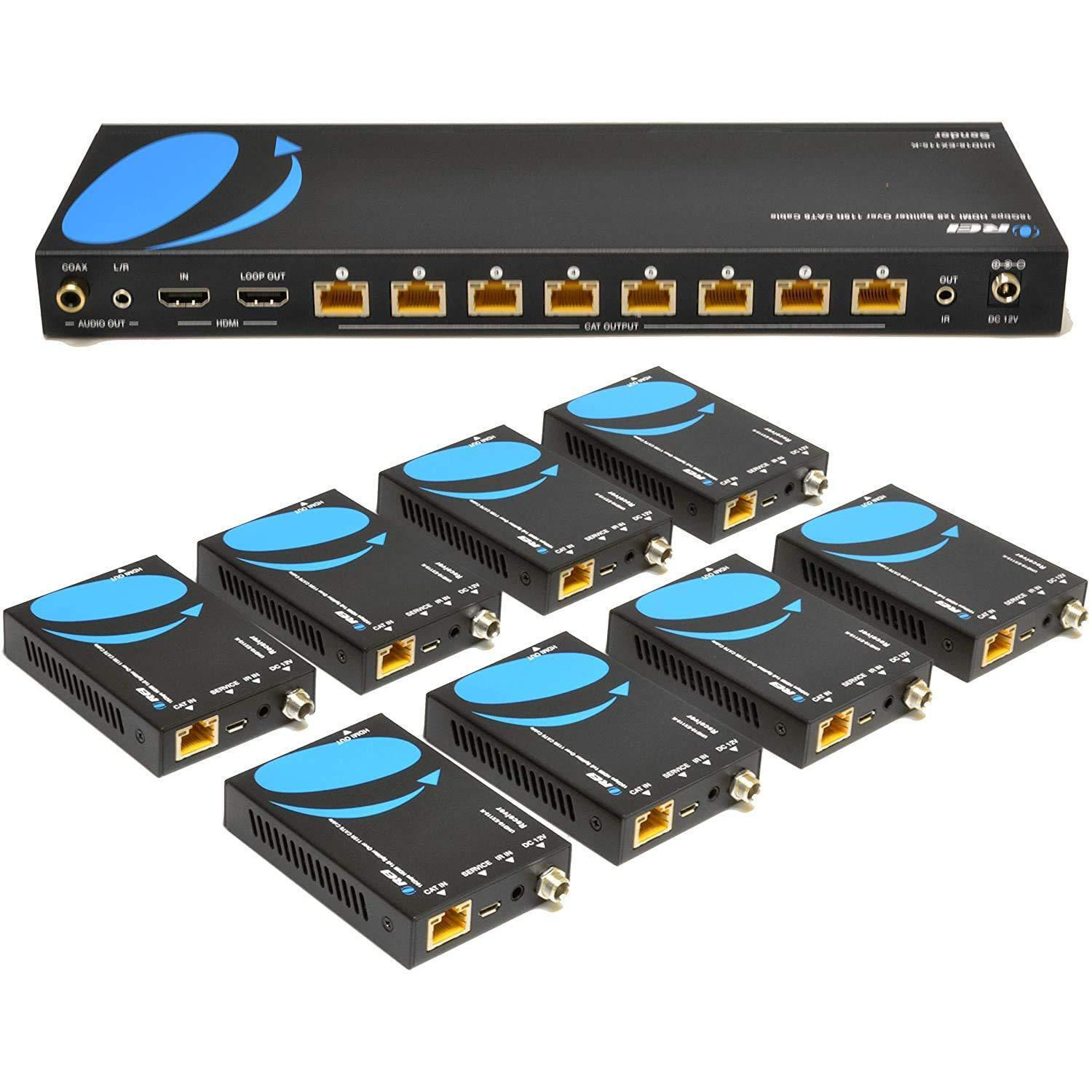 1x8 HDMI Extender Splitter 4K by OREI Multiple Over Single Cable CAT6/7 4K@60Hz 4:4:4 HDCP 2.2 With IR Remote EDID Management - Up to 115 Ft - Loop Out - Low Latency - Full Support
