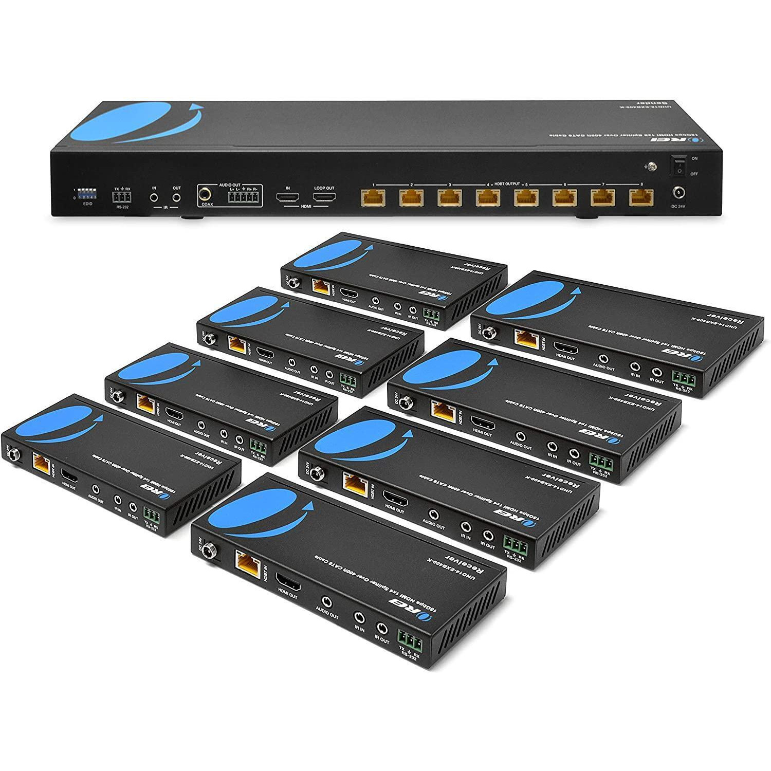 1x8 HDMI Extender Splitter HDBaseT 4K by OREI Multiple Over Single Cable CAT6/7 4K@60Hz 4:4:4 HDCP 2.2 with IR Remote EDID Management, HDR - Up to 400 Ft - Loop Out - Low Latency - Full Support