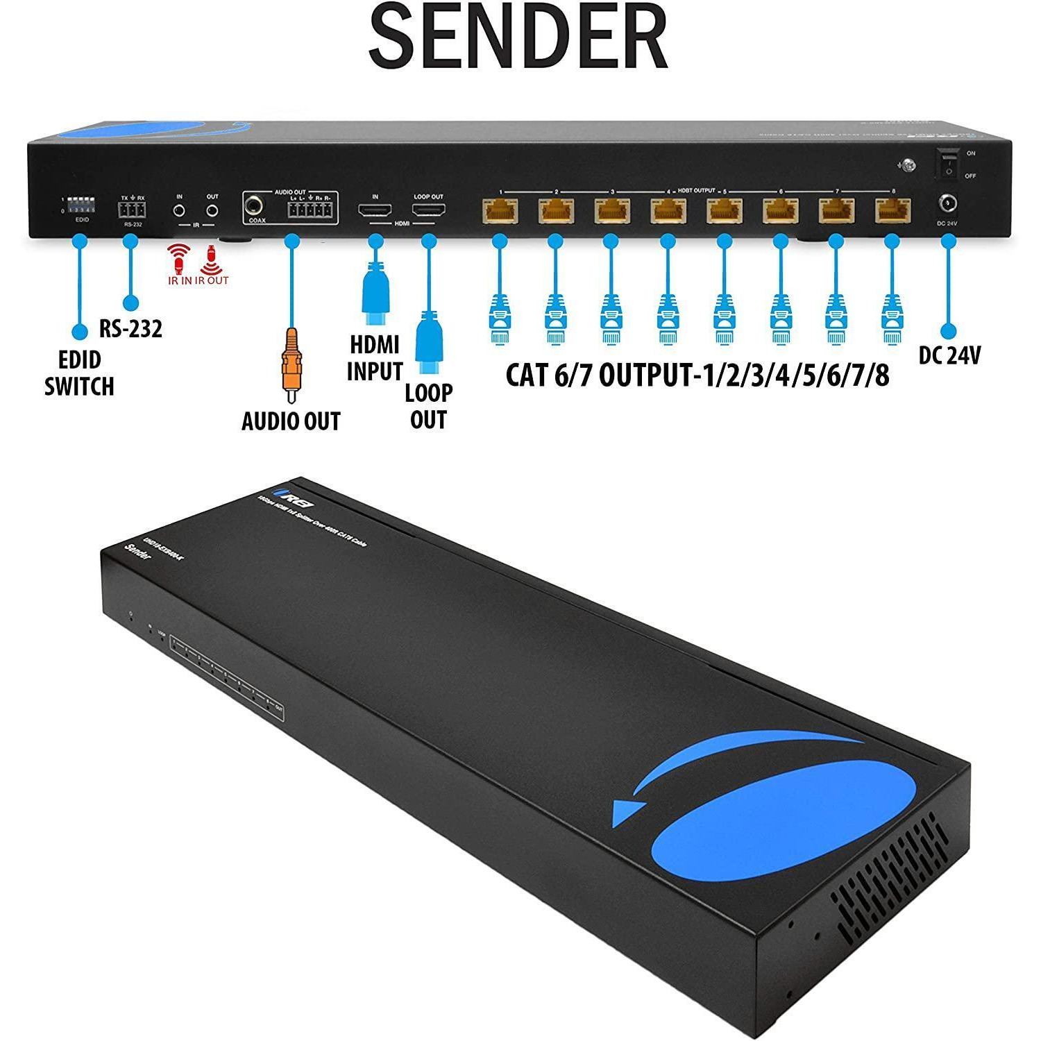 1x8 HDMI Extender Splitter HDBaseT 4K by OREI Multiple Over Single Cable CAT6/7 4K@60Hz 4:4:4 HDCP 2.2 with IR Remote EDID Management, HDR - Up to 400 Ft - Loop Out - Low Latency - Full Support alternate image