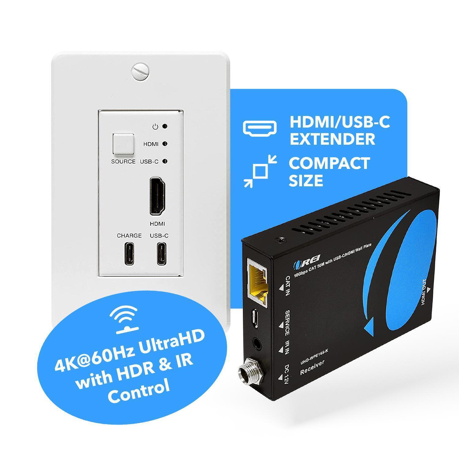 4K HDMI/USB-C Extender by OREI, Over Single Cat6/Cat7 Cable Wall Plate Transmitter 4K @ 60Hz UltraHD with HDR & IR Control - Up to 165 ft alternate image