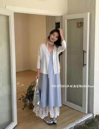 仙氣飄飄下擺拼蕾絲雙層吊帶洋裝 