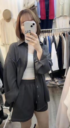 韓版高質感單口袋襯衫加短褲西裝棉套裝 