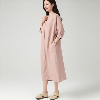 日系純色棉麻連身洋裝(KDDY-6295)(預購) - 黃色 / XL 