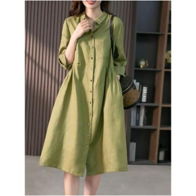 【美安限定】法式棉麻襯衫連身洋裝(KDDY-9887)(現貨) - 橄欖綠 / XL 