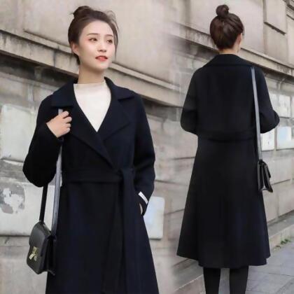 女神風範綁帶長版毛呢大衣(KDC-9934) - 黑 / 2XL 