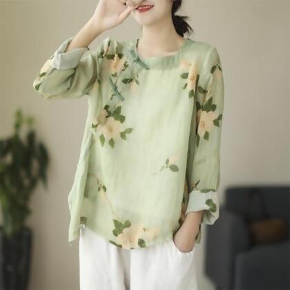印花圓領盤扣長袖襯衫女上衣(KDTQ-718) - 綠色 / 2XL 