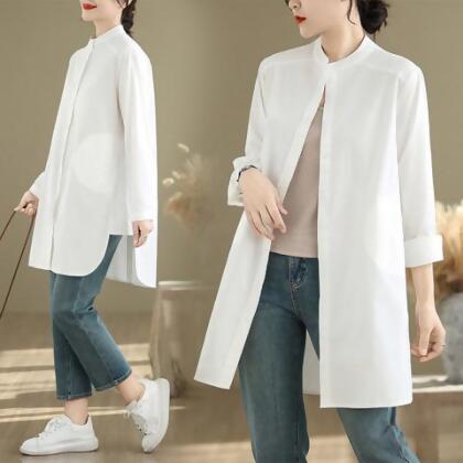 立領寬鬆休閒長袖襯衫女上衣(KDTY-2605) - 白色 / XL 