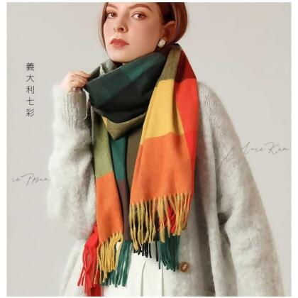 拉烏好物Romula精品類羊絨義大利拼接色格披肩大圍巾(附贈防塵套)-義大利七彩 