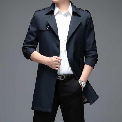 拉烏好物設計師細工不敗經典男中長版風衣-藏青色 , 2XL 