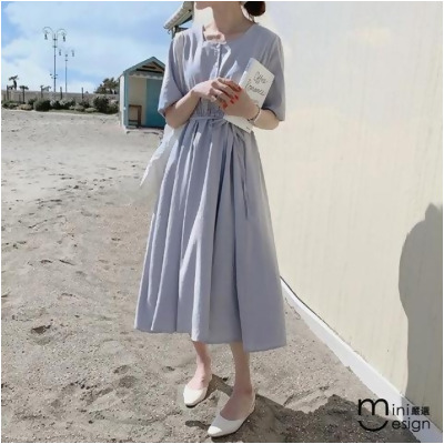 【Mini嚴選】方領綁帶優雅連身裙 四色 - 灰藍色 / XL 