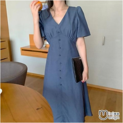 【Mini嚴選】日系Ｖ領優雅排扣連身裙 二色 - 藍色 / L 