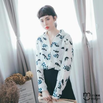 【Mini嚴選】印花雪紡長袖襯衫 - 深藍色 / L 