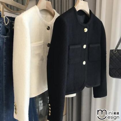 【Mini嚴選】粗花毛呢小香風短版外套 兩色 - 白色 / S