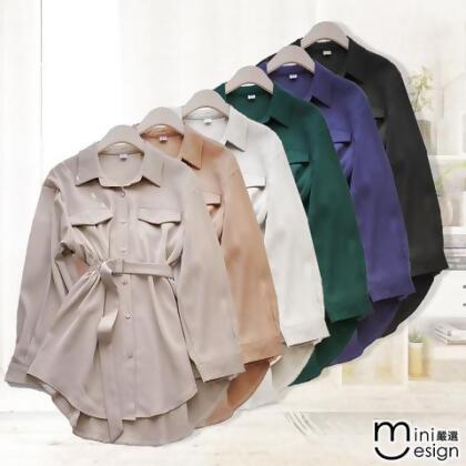 【Mini嚴選】韓版繫帶排扣襯衫 六色 - 藏藍色 / 3XL 