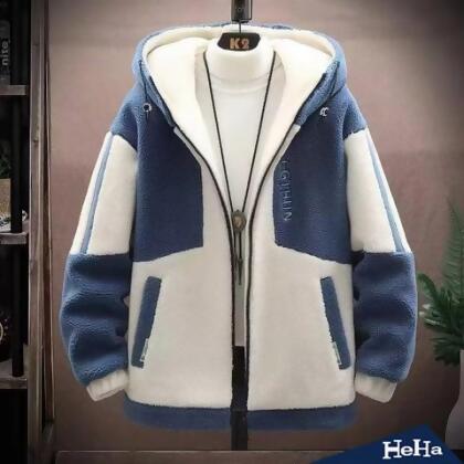 【HeHa】大碼 羊羔絨拼接連帽保暖外套 三色 - 藍色 / XXL 