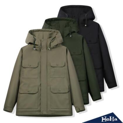 【HeHa】加絨防風軍裝連帽風衣外套 三色 - 黑色 / XXL 