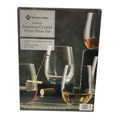 Members Mark 8-Piece Stemless Crystal Wine Glass Set, 19oz Each, Dishwasher Safe 