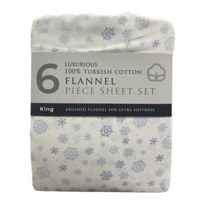 Luxurious 100% Turkish Cotton 6 Pc. Brushed Flannel Sheet Set, Snowflake, King 