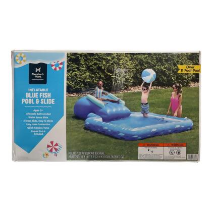 Member's Mark Inflatable Blue Fish Pool, Water Spray Slide w/Ball, 140x93x29