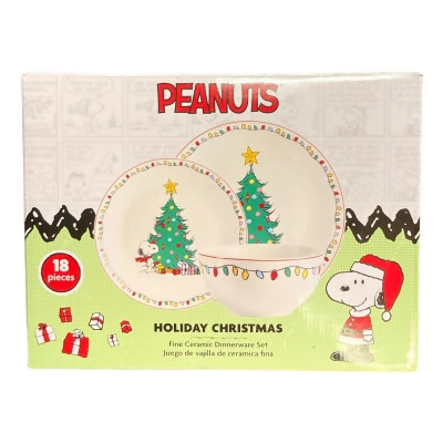 Peanuts Holiday Christmas 18-Piece White Fine Ceramic Dinnerware Set 