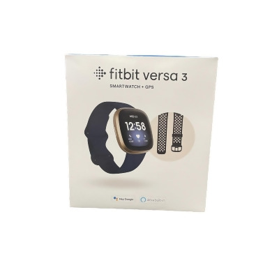 Fitbit Versa 3 Bundle, Gold Watch, Blue Band, Black Bonus Band 