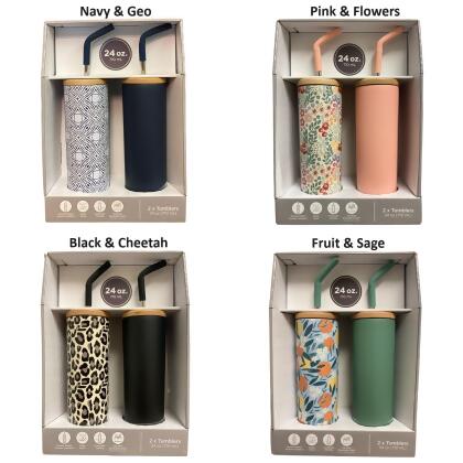 Member's Mark 24-oz Stainless Steel Insulated Tumblers and Straws With Wood Lids 