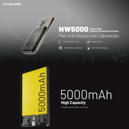 NITECORE NW5000 Carbon Fiber Magnetic Wireless Power Bank 碳纖磁吸無線充電行動電源 