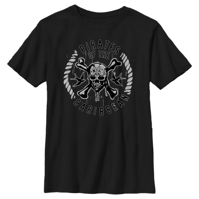 Boy's Pirates of the Caribbean: Curse of the Black Pearl Black and White Rope Skull Logo Graphic T-Shirt 