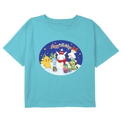Girl's Pokemon Happy Holidays Snowman Pikachu Graphic T-Shirt 
