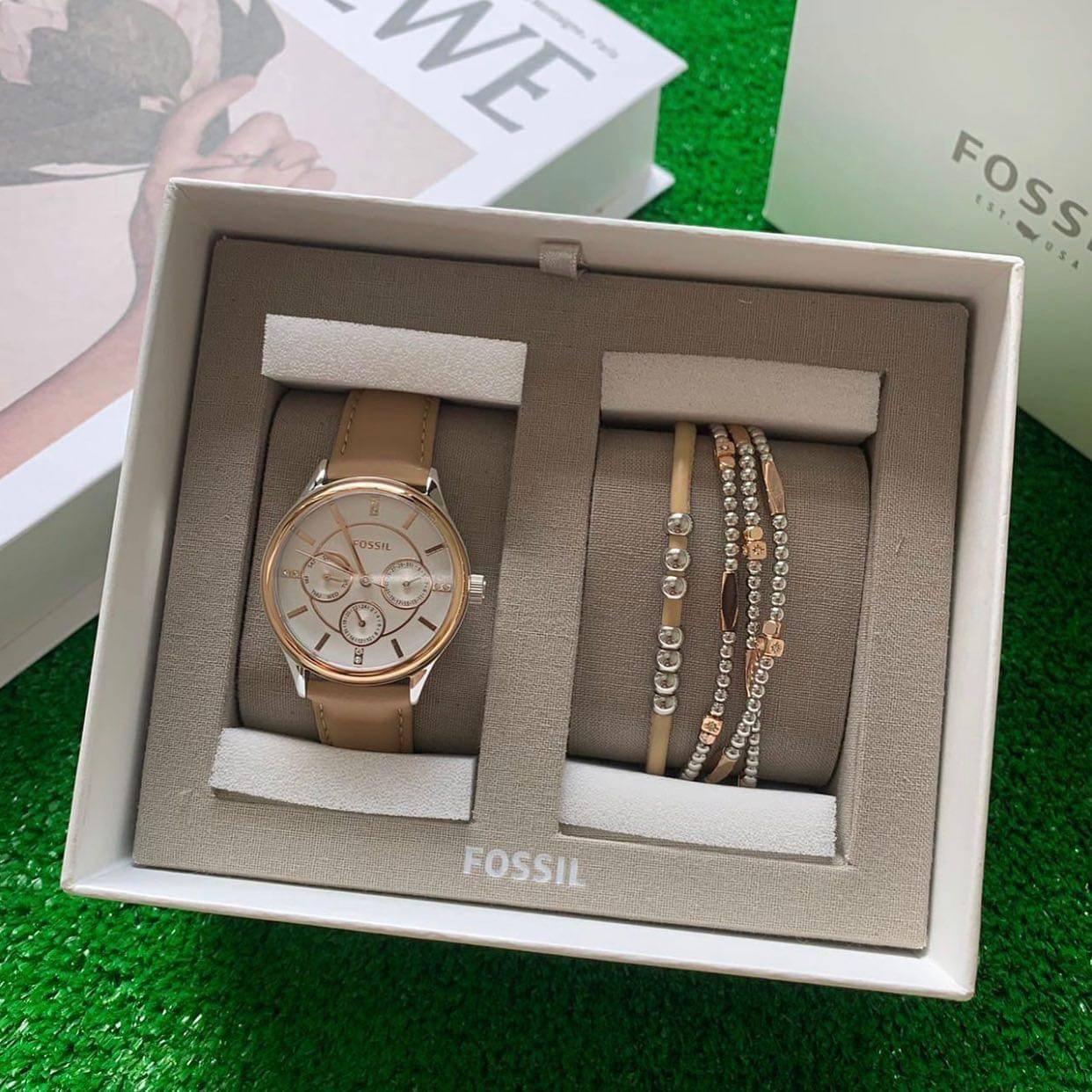 Fossil-BQ3417SET時尚女款三眼皮帶腕錶+手鏈禮盒/fossil手錶禮盒組