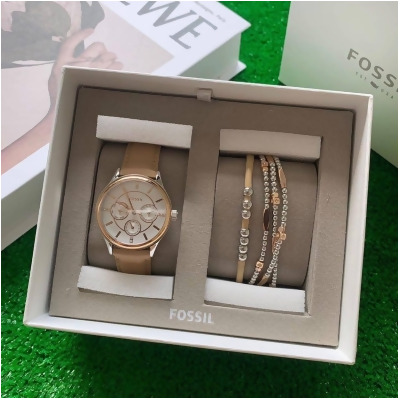 Fossil-BQ3417SET時尚女款三眼皮帶腕錶+手鏈禮盒/fossil手錶禮盒組 