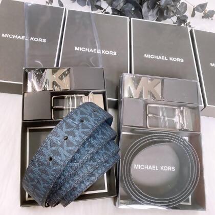 Michael Kors MK 穿式雙皮帶頭滿版LOGO皮帶禮盒(pa_mk皮帶組顏色: 滿版藍) 