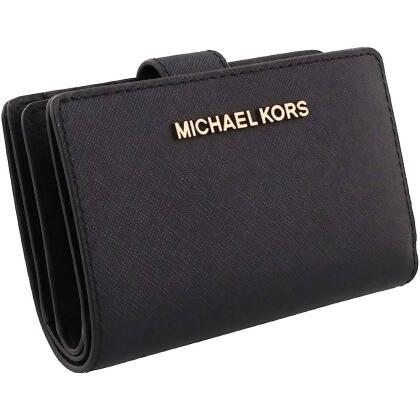 MICHAEL KORS JET SET金字素面防刮皮革中夾 黑色(贈原廠紙盒紙袋) 