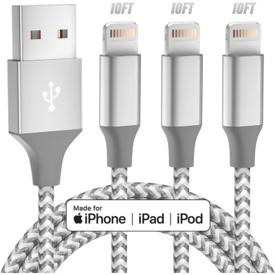 iPhone Charger 10FT Nylon Cable 3Pack BKAYPCABLE-A06 - Grey/White - Open Box 