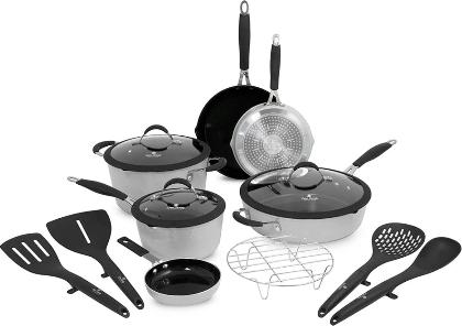Paula Deen 14 Piece Hammered Aluminum Forged Cookware Set DCFW12SG - Silver - Open Box 
