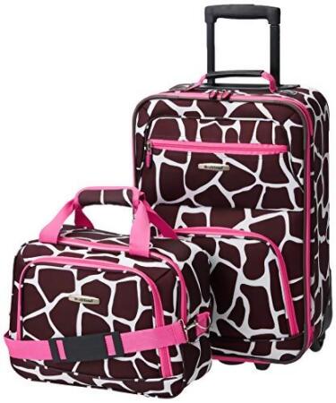ROCKLAND 2 PIECE LUGGAGE SET CARRY-ON ROLLING SUITCASE TOTE BAG - PINK GIRAFFE