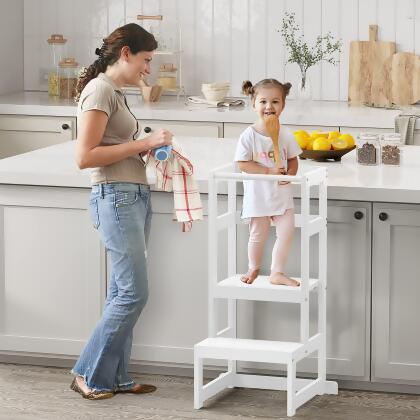 AMBIRD TODDLER STEP STOOL 3 HEIGHT KITCHEN STOOL 18-48 MONTHS KIDS - WHITE - Open Box 
