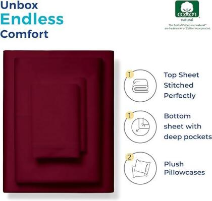 THREAD SPREAD Pure Egyptian King Size Cotton Bed Sheets Set - Burgundy - Open Box alternate image
