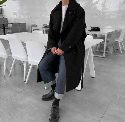 秋冬韓版男士中長款過膝休閒風衣外套 黑色m現貨 