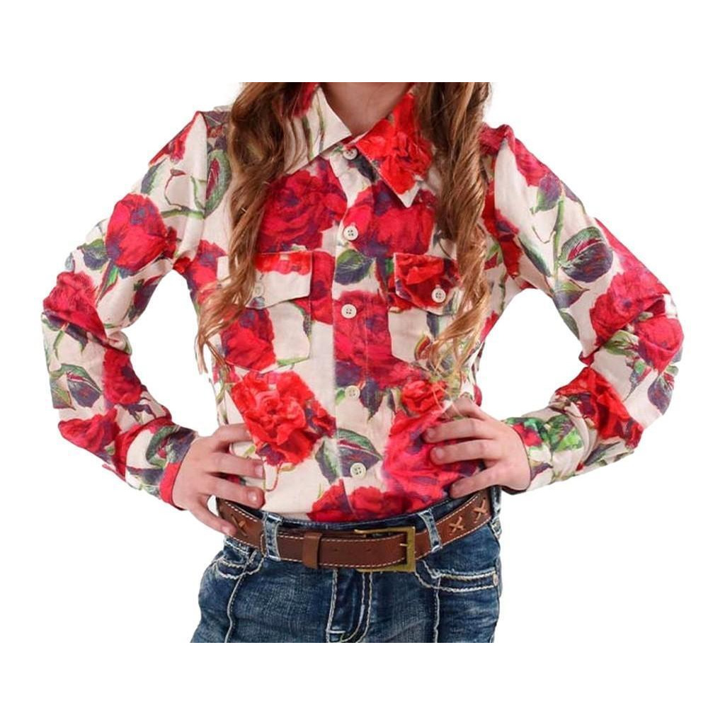 Cowgirl Tuff Western Shirt Girls L/S Rose Print Button Red 100612