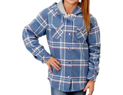 Roper Western Jacket Girls Flannel Hood Snap Blue 03-298-0119-3695 BU 