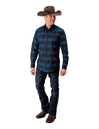 Roper Western Shirt Mens L/S Aztec Horizontal Blue 03-001-0482-1013 BU 