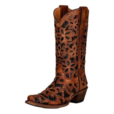 Corral Western Boots Girls Inlay Embroidery Studs Tan Black T0133 