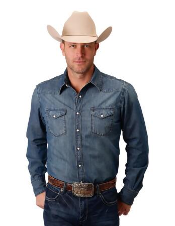 Stetson Men's Denim Snap Western Shirt Blue / L