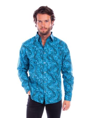 Scully Western Shirt Mens L/S Worn Out's Paisley Button Aqua F0_WO003