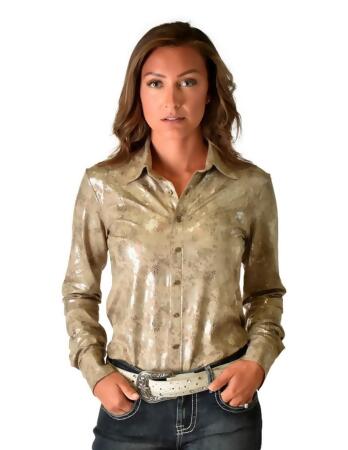 COWGIRL TUFF Women's Black Sport with Allover Foil Print Jersey Faux  Button-Up Pullover Western Shirt