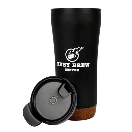 Ruby Brew Valhalla Cork Bottom Travel Tumbler Swivel Splash Proof Lid Black 16oz 