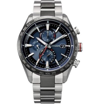 CITIZEN Eco-Drive 部落戰士 鈦 萬年曆電波優質腕錶-藍灰-AT8186-51L 