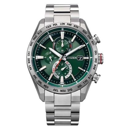CITIZEN Eco-Drive 部落戰士 鈦 萬年曆電波優質腕錶-綠面-AT8181-63W 